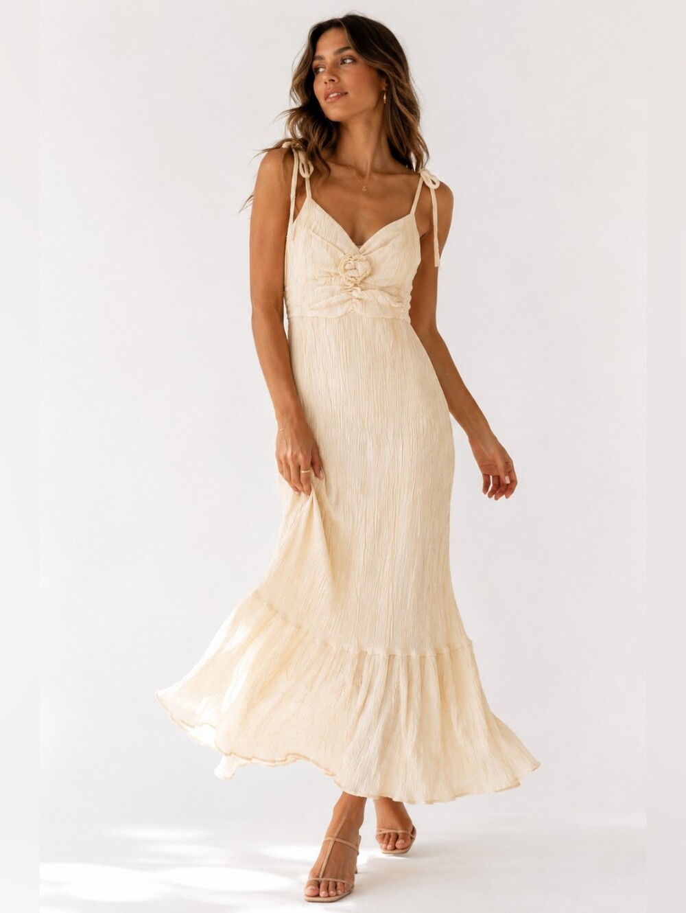 By the River Anthropologie Boho Rosette Crinkle Maxi Dress Cream S
